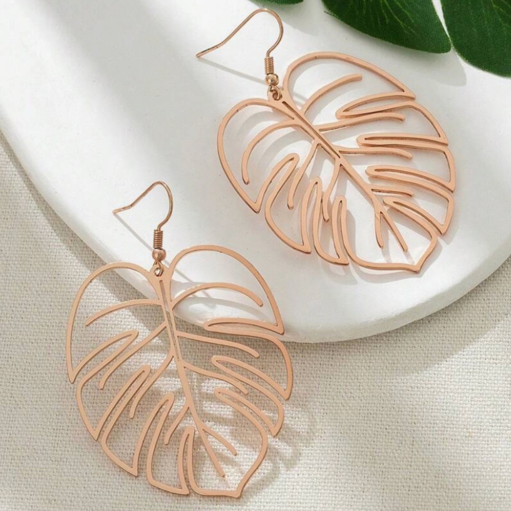 Leaf Design Rose Gold Hollow Out Super Light Weight Fishhook Earrings NWT - Picture 4 of 7